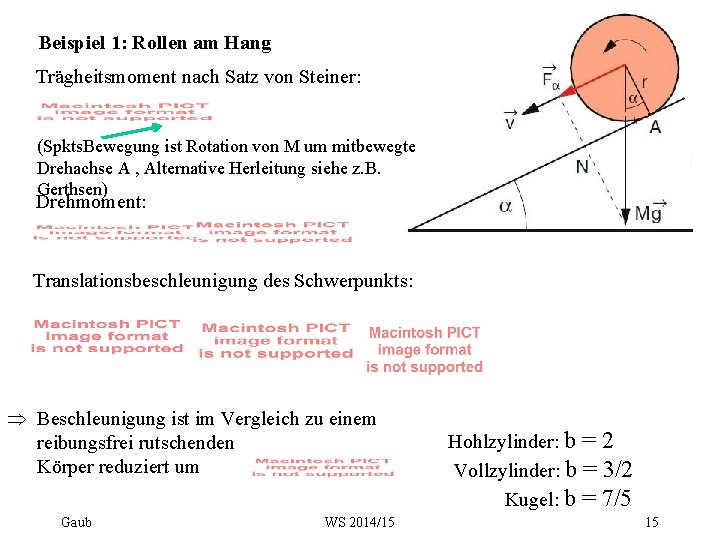 Beispiel 1: Rollen am Hang Trägheitsmoment nach Satz von Steiner: (Spkts. Bewegung ist Rotation