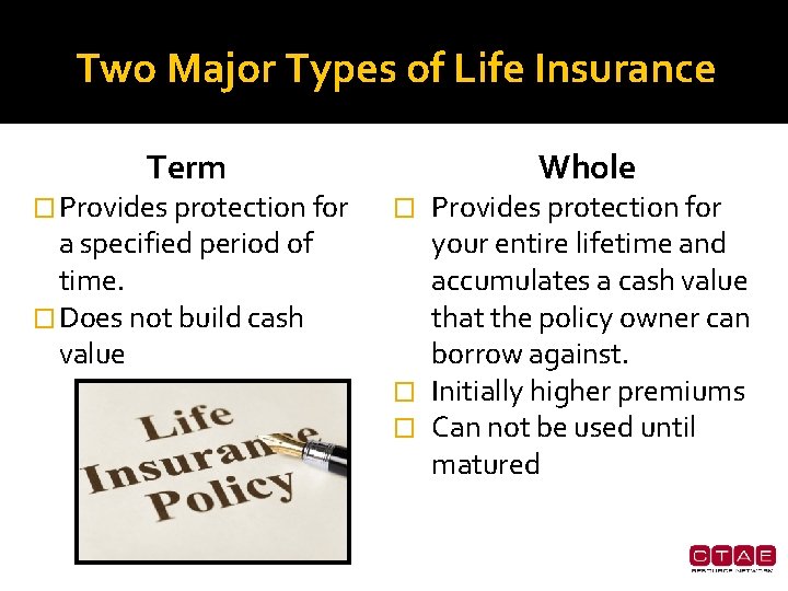 Two Major Types of Life Insurance Term � Provides protection for a specified period