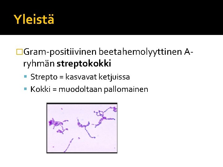 Yleistä �Gram-positiivinen beetahemolyyttinen A- ryhmän streptokokki Strepto = kasvavat ketjuissa Kokki = muodoltaan pallomainen