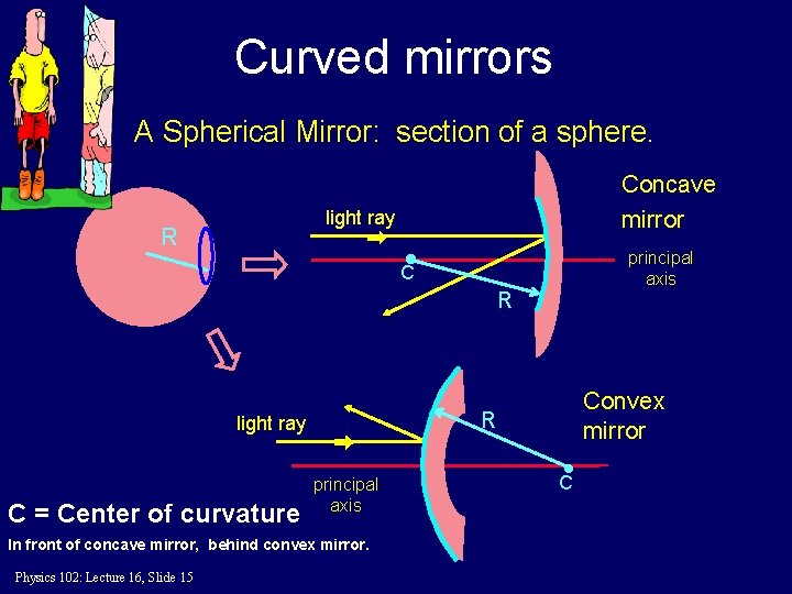 Curved mirrors A Spherical Mirror: section of a sphere. Concave mirror light ray R