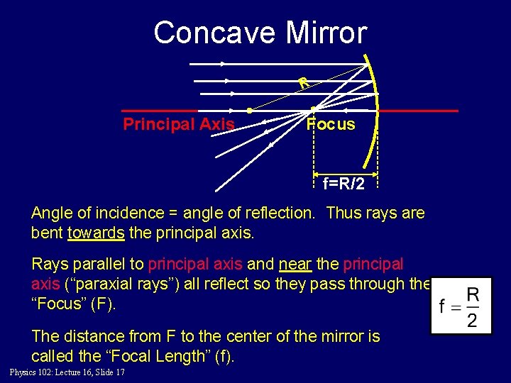 Concave Mirror R Principal Axis Focus f=R/2 Angle of incidence = angle of reflection.