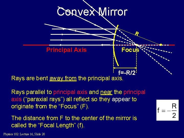 Convex Mirror R Principal Axis Focus f=-R/2 Rays are bent away from the principal
