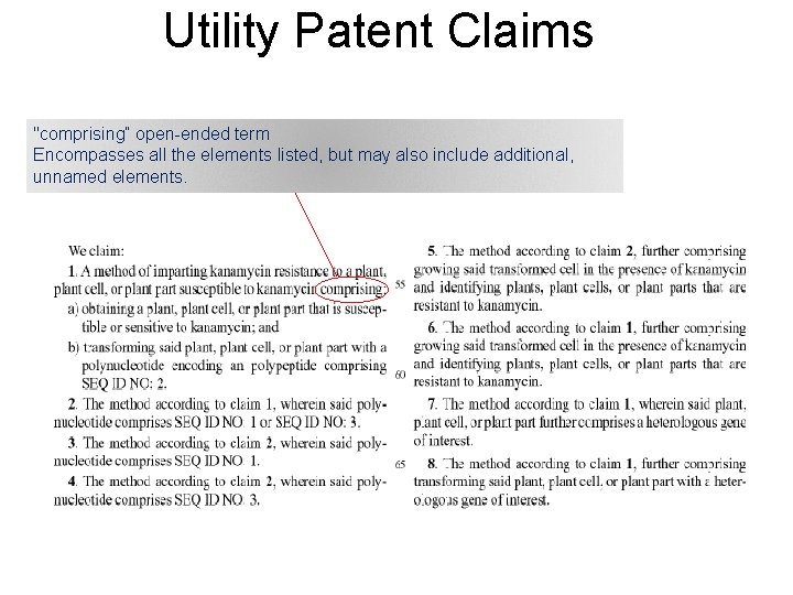 Utility Patent Claims "comprising” open-ended term Encompasses all the elements listed, but may also