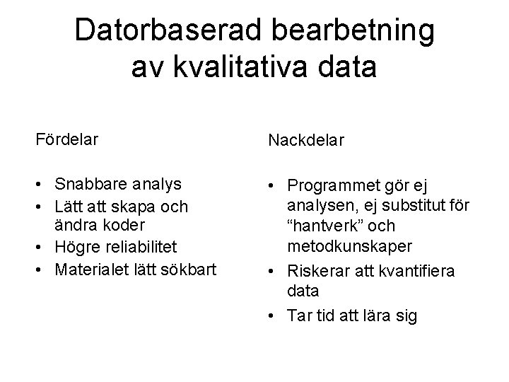 Datorbaserad bearbetning av kvalitativa data Fördelar Nackdelar • Snabbare analys • Lätt att skapa Datorbaserad bearbetning av kvalitativa data Fördelar Nackdelar • Snabbare analys • Lätt att skapa