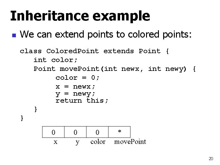 Inheritance example n We can extend points to colored points: class Colored. Point extends