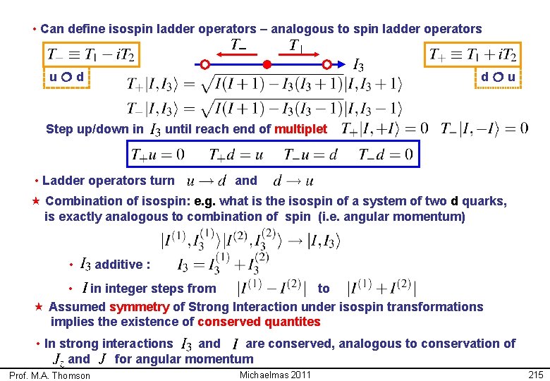 • Can define isospin ladder operators – analogous to spin ladder operators u • Can define isospin ladder operators – analogous to spin ladder operators u
