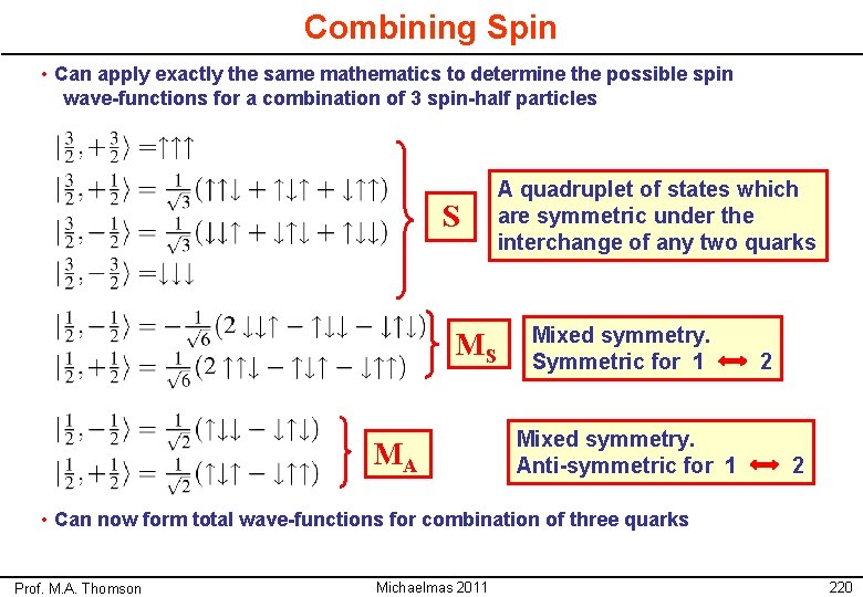 Combining Spin • Can apply exactly the same mathematics to determine the possible spin Combining Spin • Can apply exactly the same mathematics to determine the possible spin