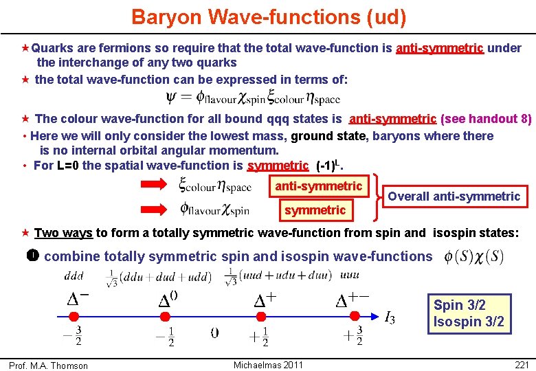 Baryon Wave-functions (ud) «Quarks are fermions so require that the total wave-function is anti-symmetric Baryon Wave-functions (ud) «Quarks are fermions so require that the total wave-function is anti-symmetric