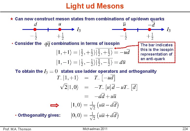 Light ud Mesons « Can now construct meson states from combinations of up/down quarks Light ud Mesons « Can now construct meson states from combinations of up/down quarks