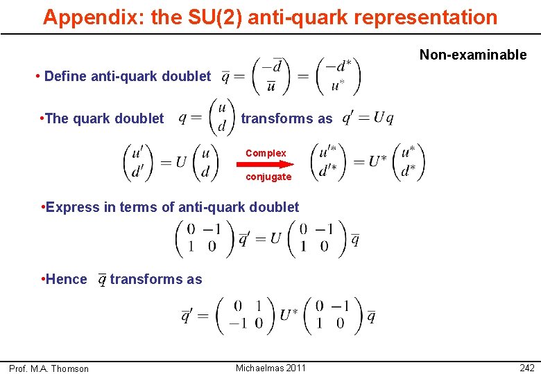 Appendix: the SU(2) anti-quark representation Non-examinable • Define anti-quark doublet • The quark doublet Appendix: the SU(2) anti-quark representation Non-examinable • Define anti-quark doublet • The quark doublet