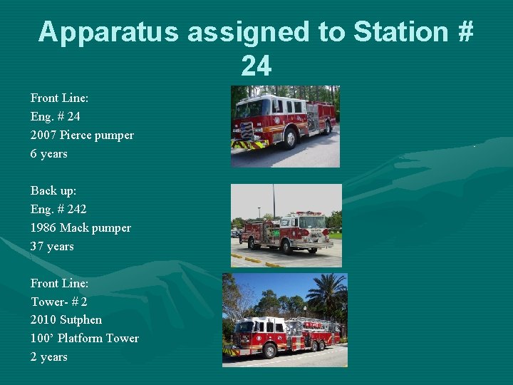 Apparatus assigned to Station # 24 Front Line: Eng. # 24 2007 Pierce pumper