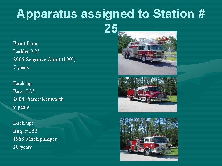 Apparatus assigned to Station # 25 Front Line: Ladder # 25 2006 Seagrave Quint