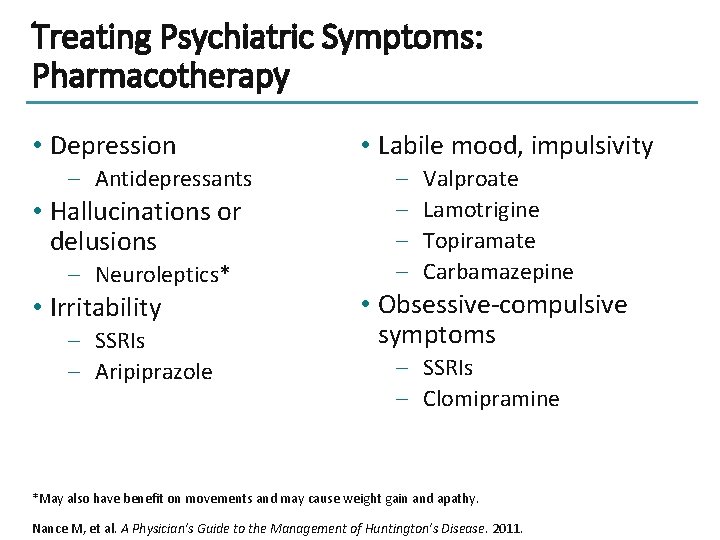 Treating Psychiatric Symptoms: Pharmacotherapy • Depression – Antidepressants • Hallucinations or delusions – Neuroleptics*