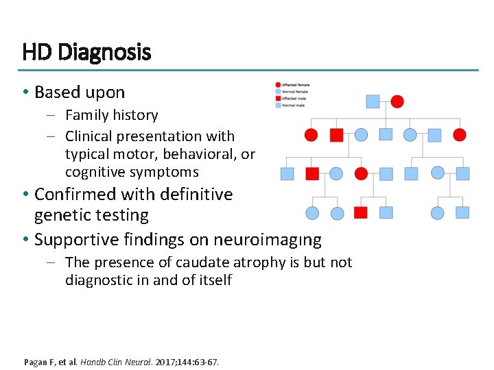 HD Diagnosis • Based upon – Family history – Clinical presentation with typical motor,