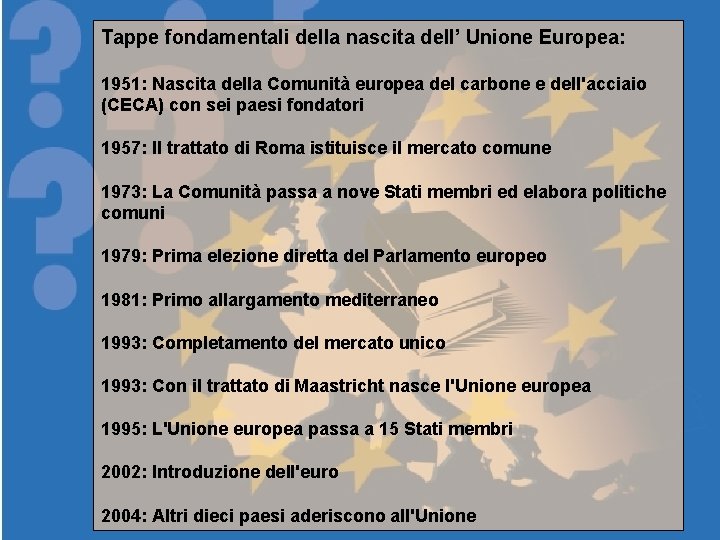 Tappe fondamentali della nascita dell’ Unione Europea: 1951: Nascita della Comunità europea del carbone