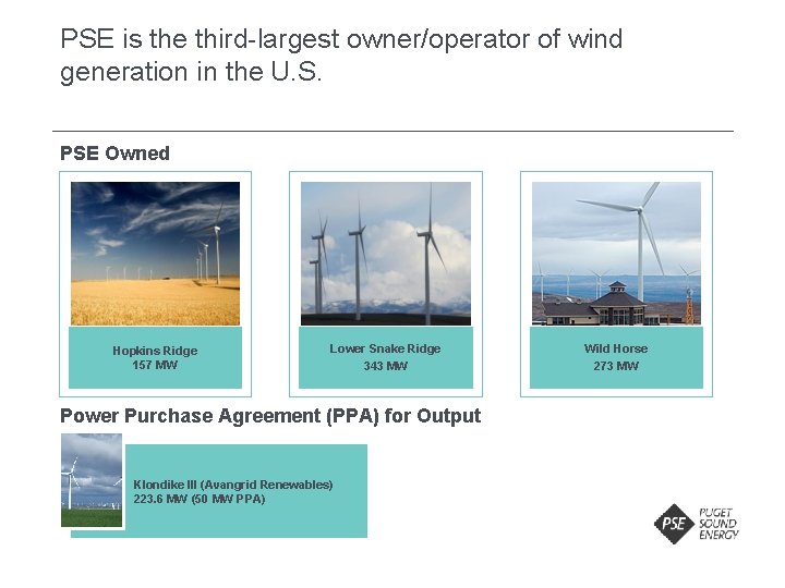 PSE is the third-largest owner/operator of wind generation in the U. S. PSE Owned PSE is the third-largest owner/operator of wind generation in the U. S. PSE Owned