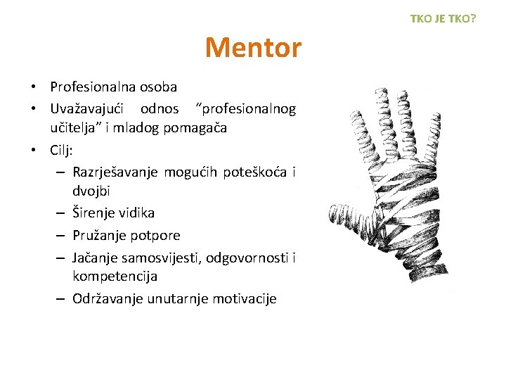 TKO JE TKO? Mentor • Profesionalna osoba • Uvažavajući odnos “profesionalnog učitelja” i mladog