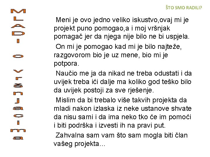 ŠTO SMO RADILI? Meni je ovo jedno veliko iskustvo, ovaj mi je projekt puno