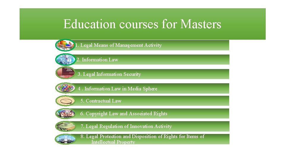 Education courses for Masters 1. Legal Means of Management Activity 2. Information Law 3. Education courses for Masters 1. Legal Means of Management Activity 2. Information Law 3.