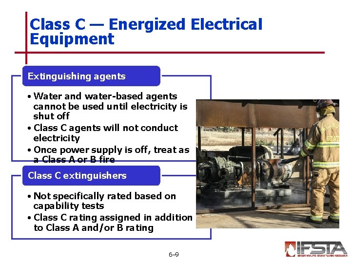 Class C — Energized Electrical Equipment Extinguishing agents • Water and water-based agents cannot