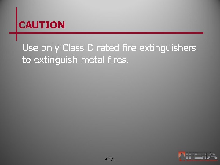 CAUTION Use only Class D rated fire extinguishers to extinguish metal fires. 6– 13