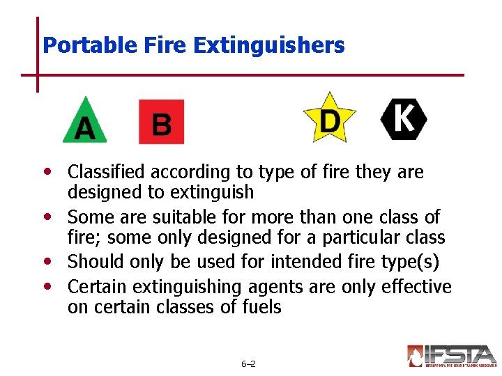 Portable Fire Extinguishers • Classified according to type of fire they are designed to