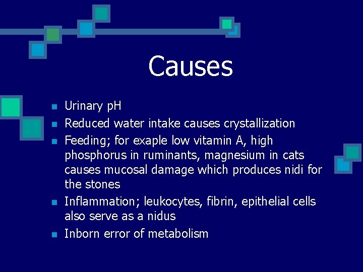 Causes n n n Urinary p. H Reduced water intake causes crystallization Feeding; for