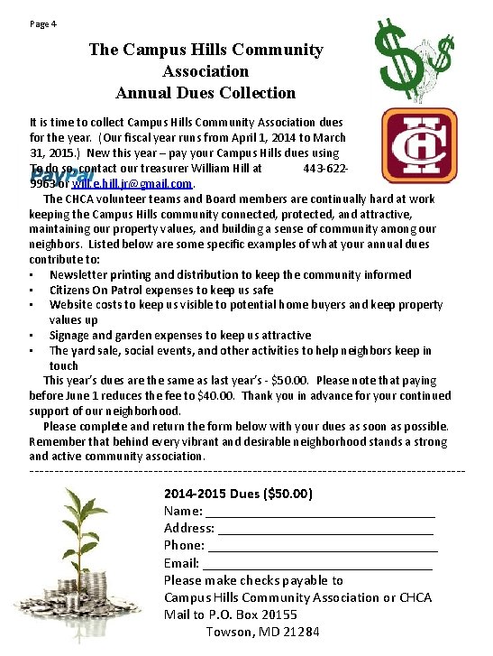 Page 4 The Campus Hills Community Association Annual Dues Collection It is time to