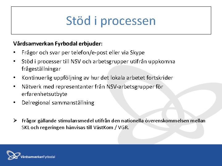 Stöd i processen Vårdsamverkan Fyrbodal erbjuder: • Frågor och svar per telefon/e-post eller via