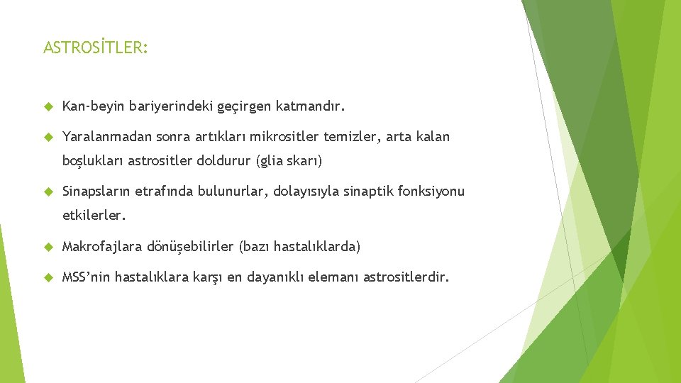 ASTROSİTLER: Kan-beyin bariyerindeki geçirgen katmandır. Yaralanmadan sonra artıkları mikrositler temizler, arta kalan boşlukları astrositler ASTROSİTLER: Kan-beyin bariyerindeki geçirgen katmandır. Yaralanmadan sonra artıkları mikrositler temizler, arta kalan boşlukları astrositler