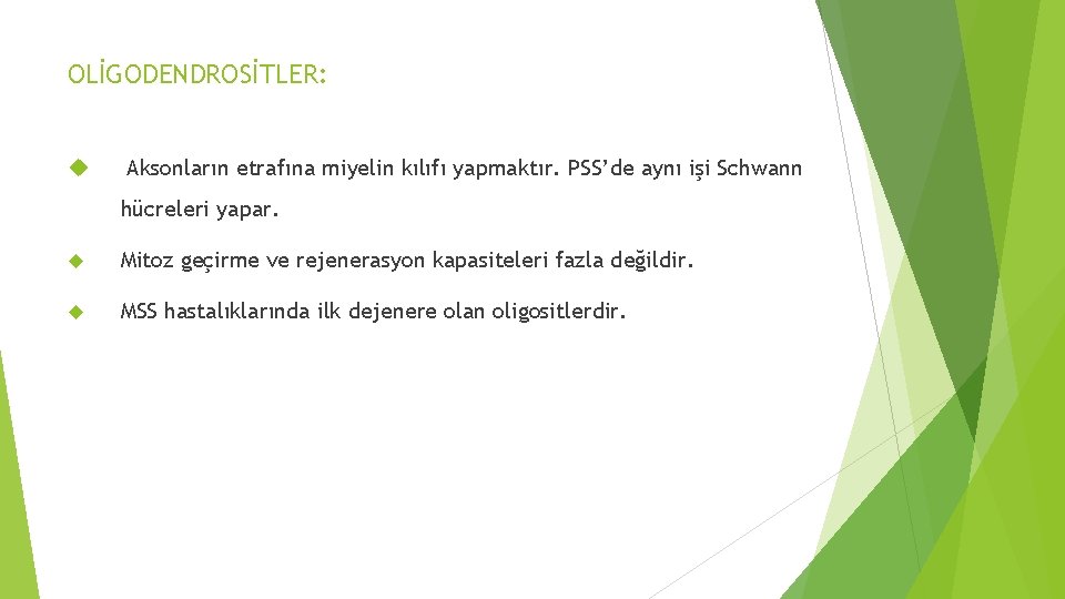 OLİGODENDROSİTLER: Aksonların etrafına miyelin kılıfı yapmaktır. PSS’de aynı işi Schwann hücreleri yapar. Mitoz geçirme OLİGODENDROSİTLER: Aksonların etrafına miyelin kılıfı yapmaktır. PSS’de aynı işi Schwann hücreleri yapar. Mitoz geçirme
