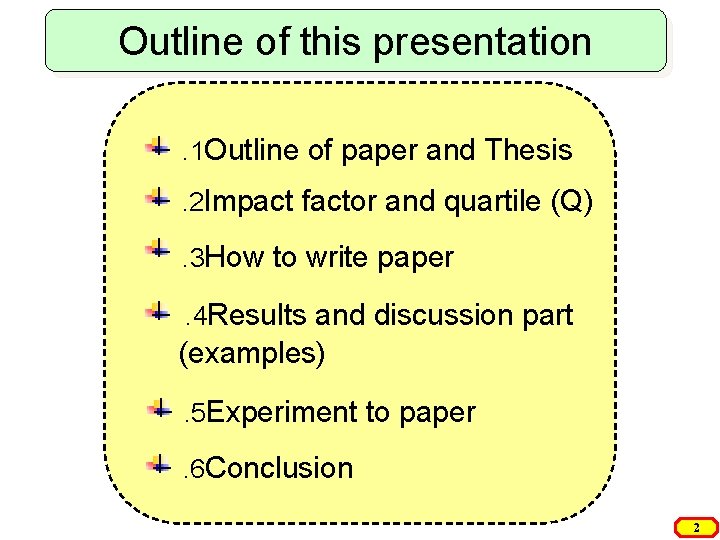 Outline of this presentation. 1 Outline of paper and Thesis. 2 Impact factor and