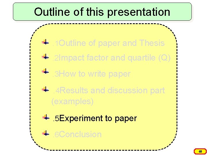 Outline of this presentation. 1 Outline of paper and Thesis. 2 Impact factor and