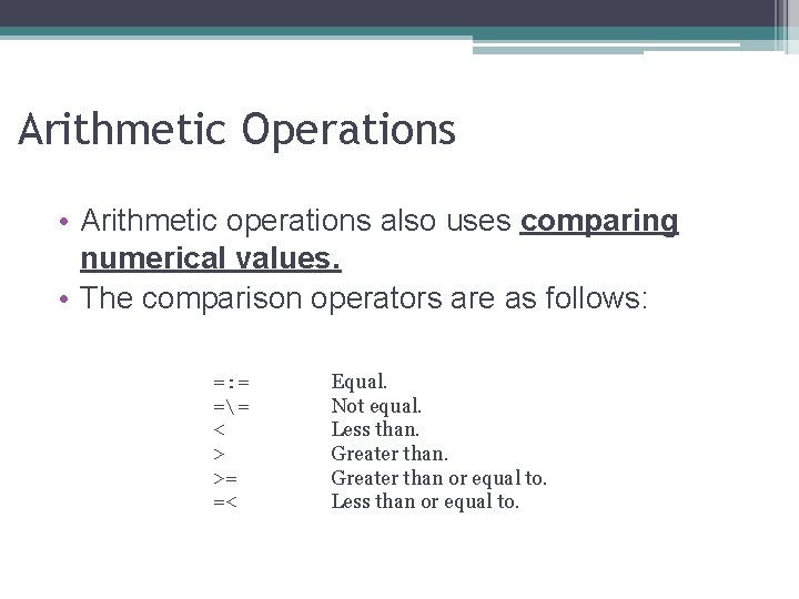 Arithmetic Operations • Arithmetic operations also uses comparing numerical values. • The comparison operators