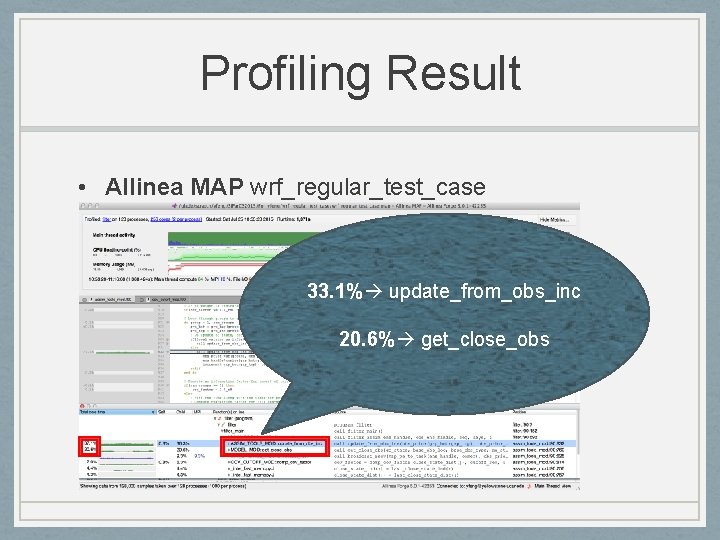 Profiling Result • Allinea MAP wrf_regular_test_case 33. 1% update_from_obs_inc 20. 6% get_close_obs 