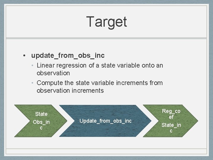 Target • update_from_obs_inc • Linear regression of a state variable onto an observation •