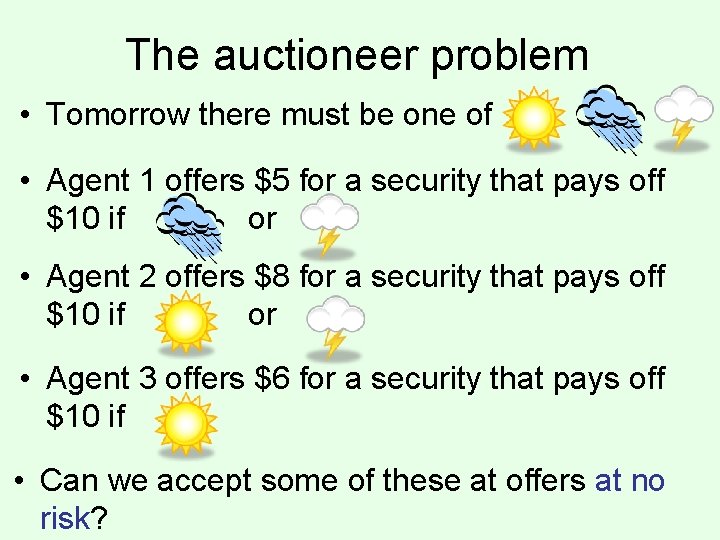 The auctioneer problem • Tomorrow there must be one of • Agent 1 offers