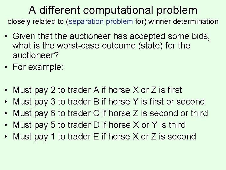 A different computational problem closely related to (separation problem for) winner determination • Given