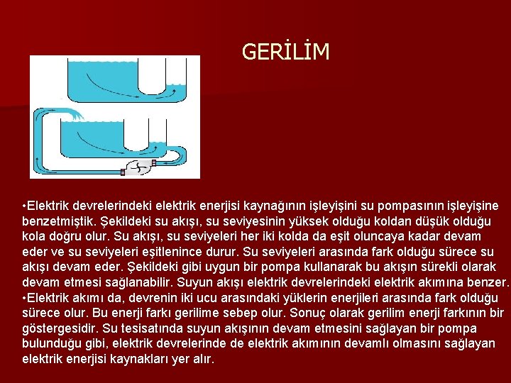 GERİLİM • Elektrik devrelerindeki elektrik enerjisi kaynağının işleyişini su pompasının işleyişine benzetmiştik. Şekildeki su