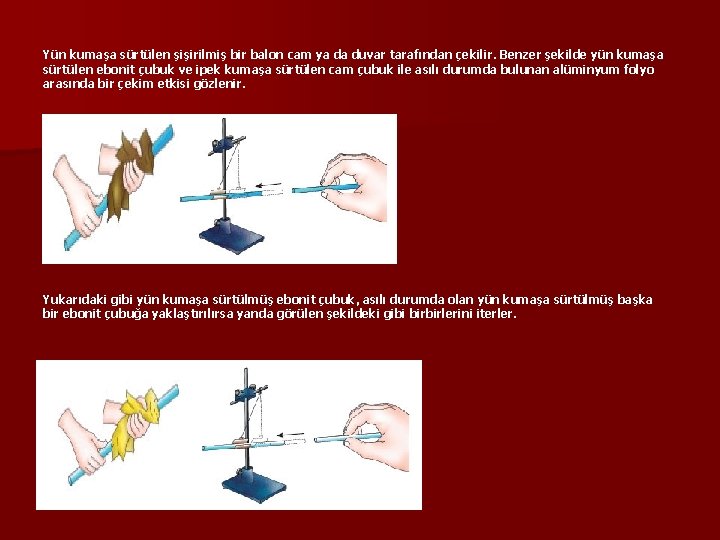 Yün kumaşa sürtülen şişirilmiş bir balon cam ya da duvar tarafından çekilir. Benzer şekilde