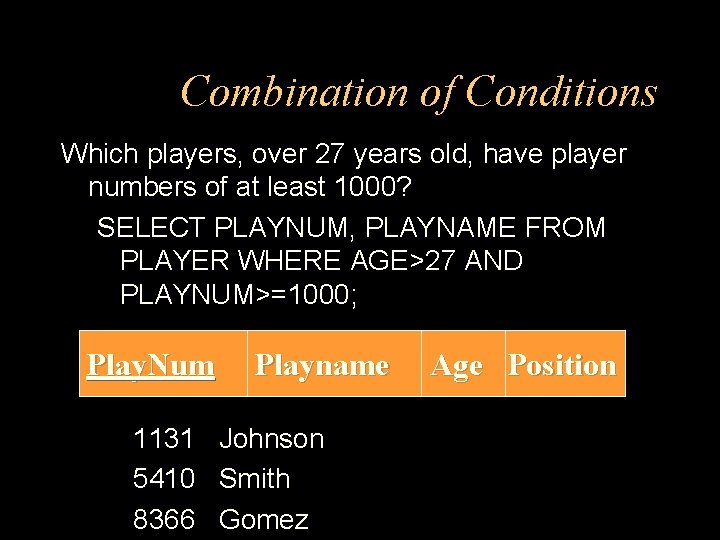 Combination of Conditions Which players, over 27 years old, have player numbers of at