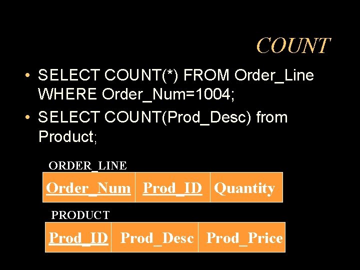COUNT • SELECT COUNT(*) FROM Order_Line WHERE Order_Num=1004; • SELECT COUNT(Prod_Desc) from Product; ORDER_LINE