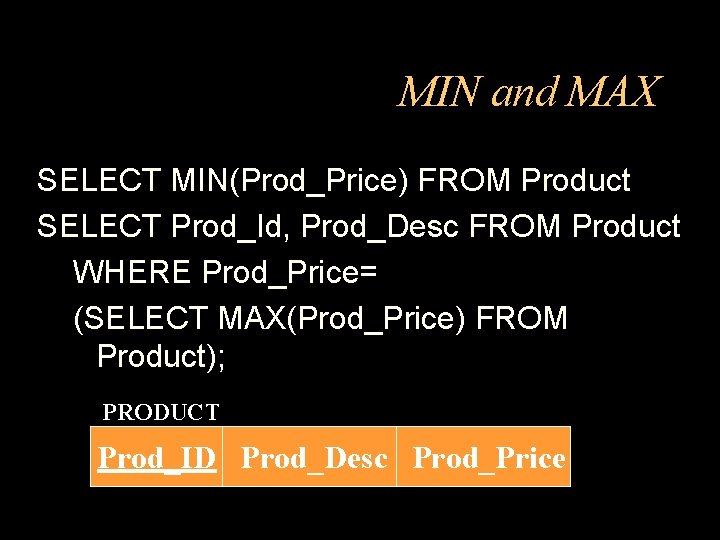 MIN and MAX SELECT MIN(Prod_Price) FROM Product SELECT Prod_Id, Prod_Desc FROM Product WHERE Prod_Price=