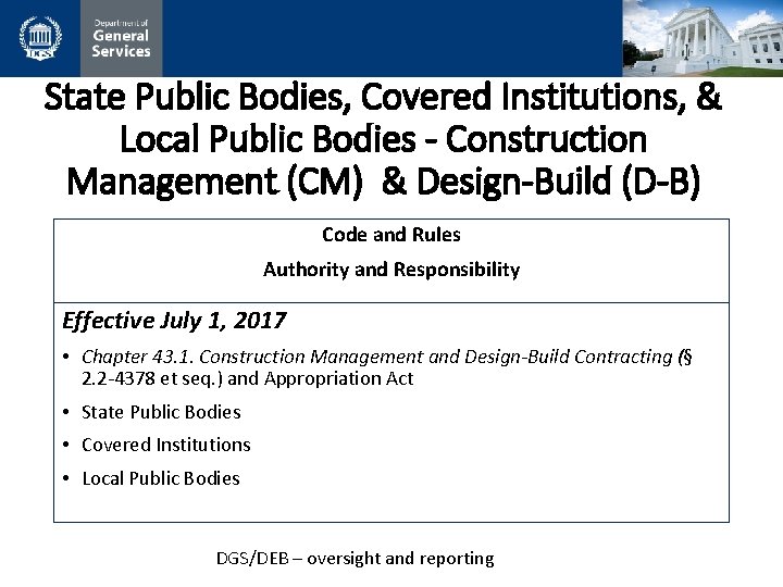 State Public Bodies, Covered Institutions, & Local Public Bodies - Construction Management (CM) &