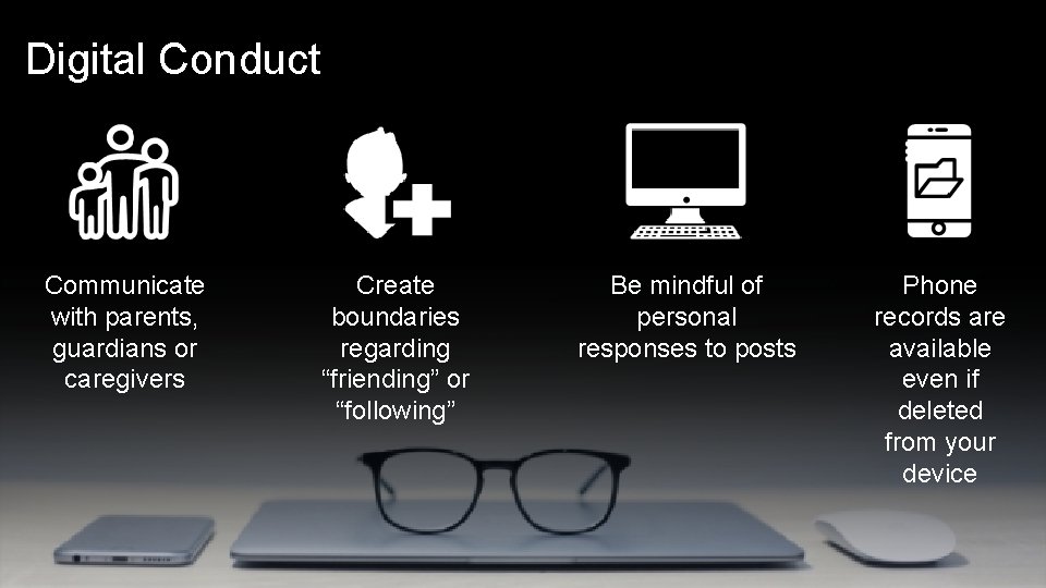 Digital Conduct Communicate with parents, guardians or caregivers Create boundaries regarding “friending” or “following”