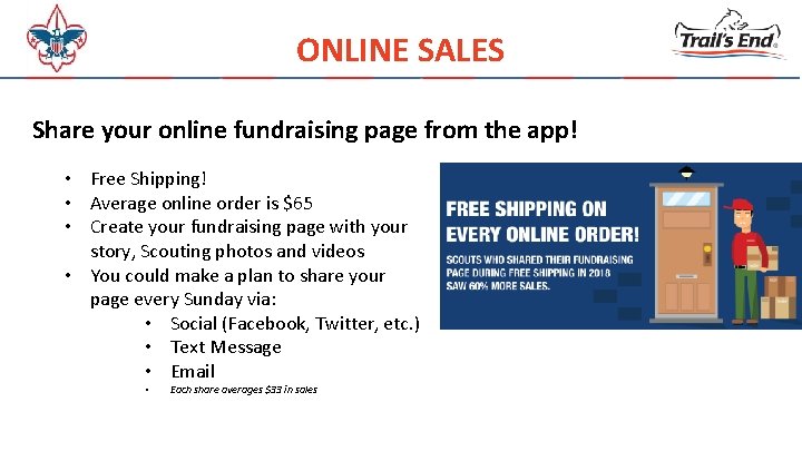 ONLINE SALES Share your online fundraising page from the app! • Free Shipping! •
