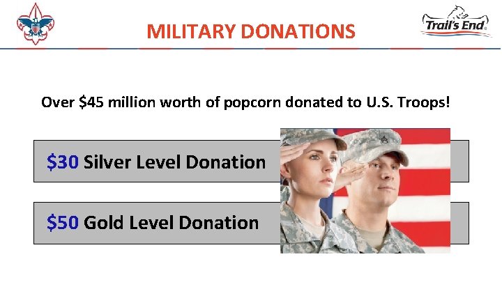 MILITARY DONATIONS Over $45 million worth of popcorn donated to U. S. Troops! $30