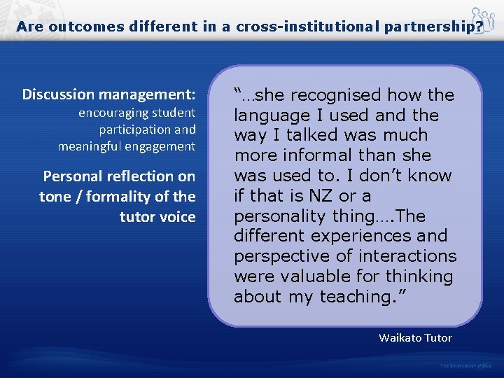 Are outcomes different in a cross-institutional partnership? Discussion management: encouraging student participation and meaningful