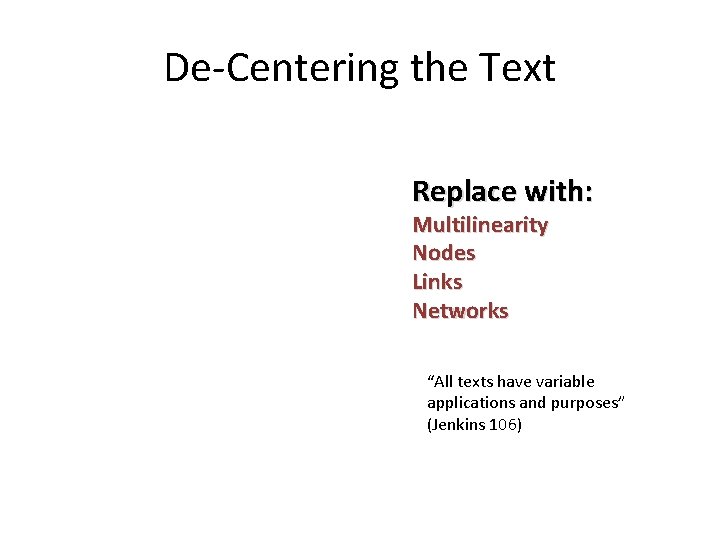 De-Centering the Text Replace with: Multilinearity Nodes Links Networks “All texts have variable applications