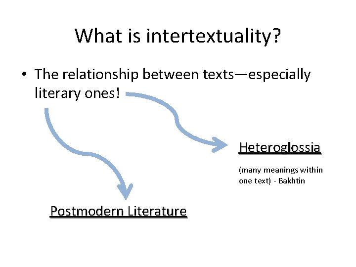 What is intertextuality? • The relationship between texts—especially literary ones! Heteroglossia (many meanings within